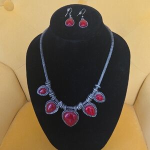 Elegant Red and Silver Necklace and Earring Set